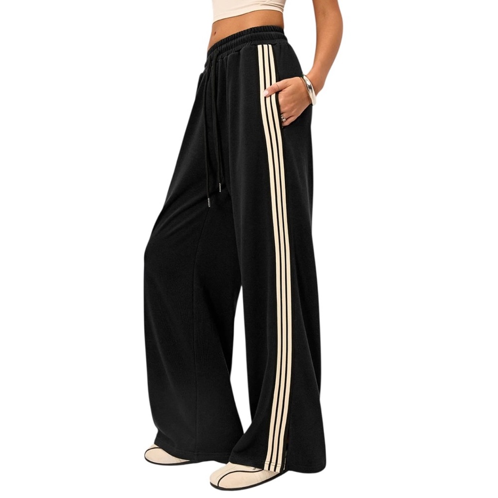 Wide Leg Track Pants with Contrast Side Stripes - Black
